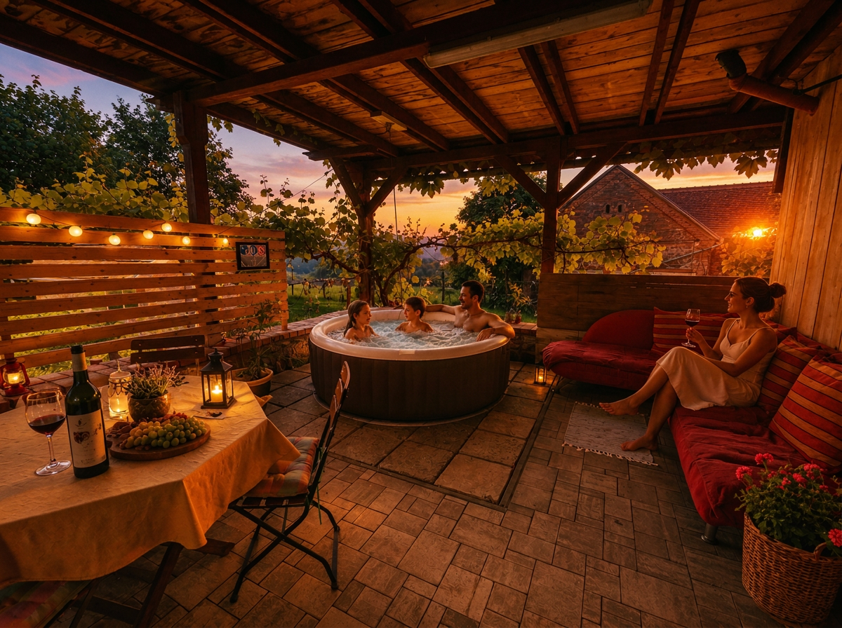 The Roost, Abend mit Whirlpool und Sonnenuntergang