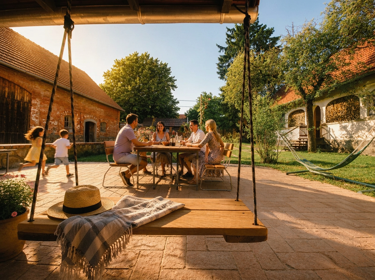 Pannonian House, Hof mit gemeinsamem Tisch